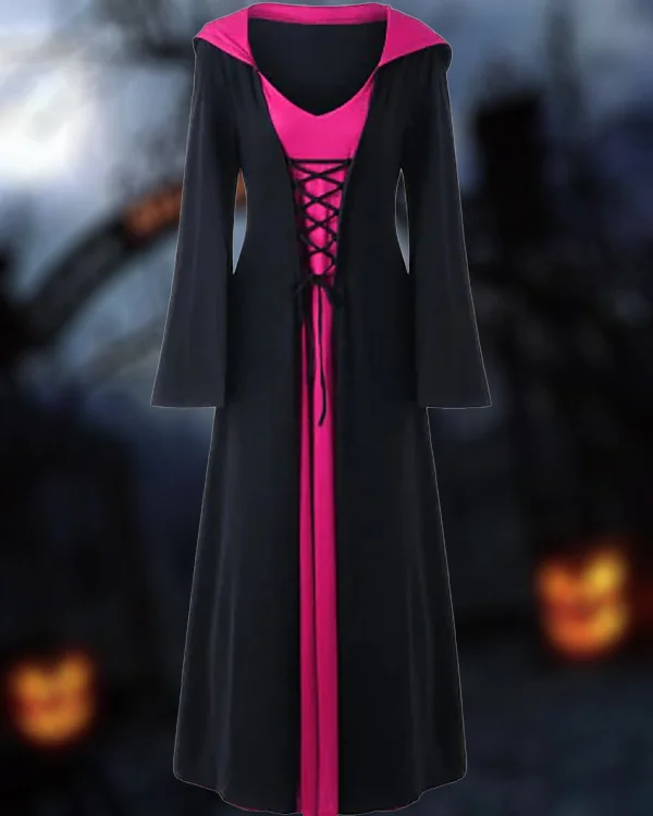 Halloween Witch Hooded Lace-up Plus Size Dress