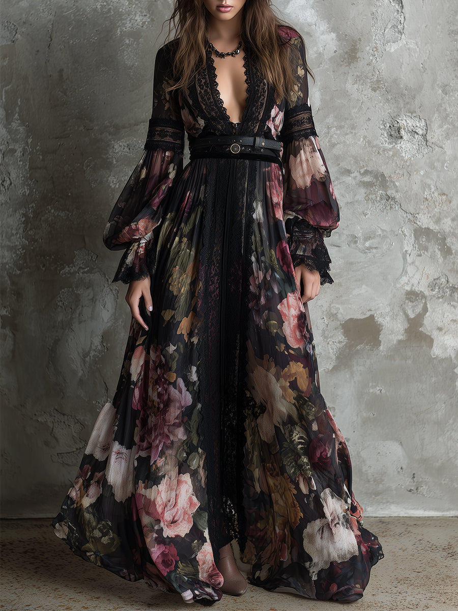 Bohemian Holiday Chiffon Printed Lace Maxi Dress