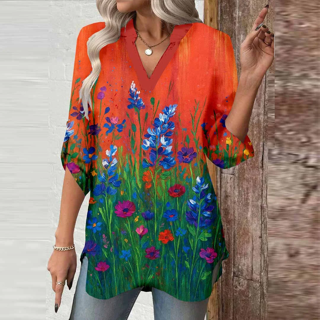 Women Floral,Orange,Ladynora DZGA0013 3/4 Sleeve V-neck Printed Graphic Button Tops