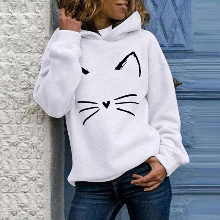 Vefave Simple Cute Cat Whisker Print Hoodie