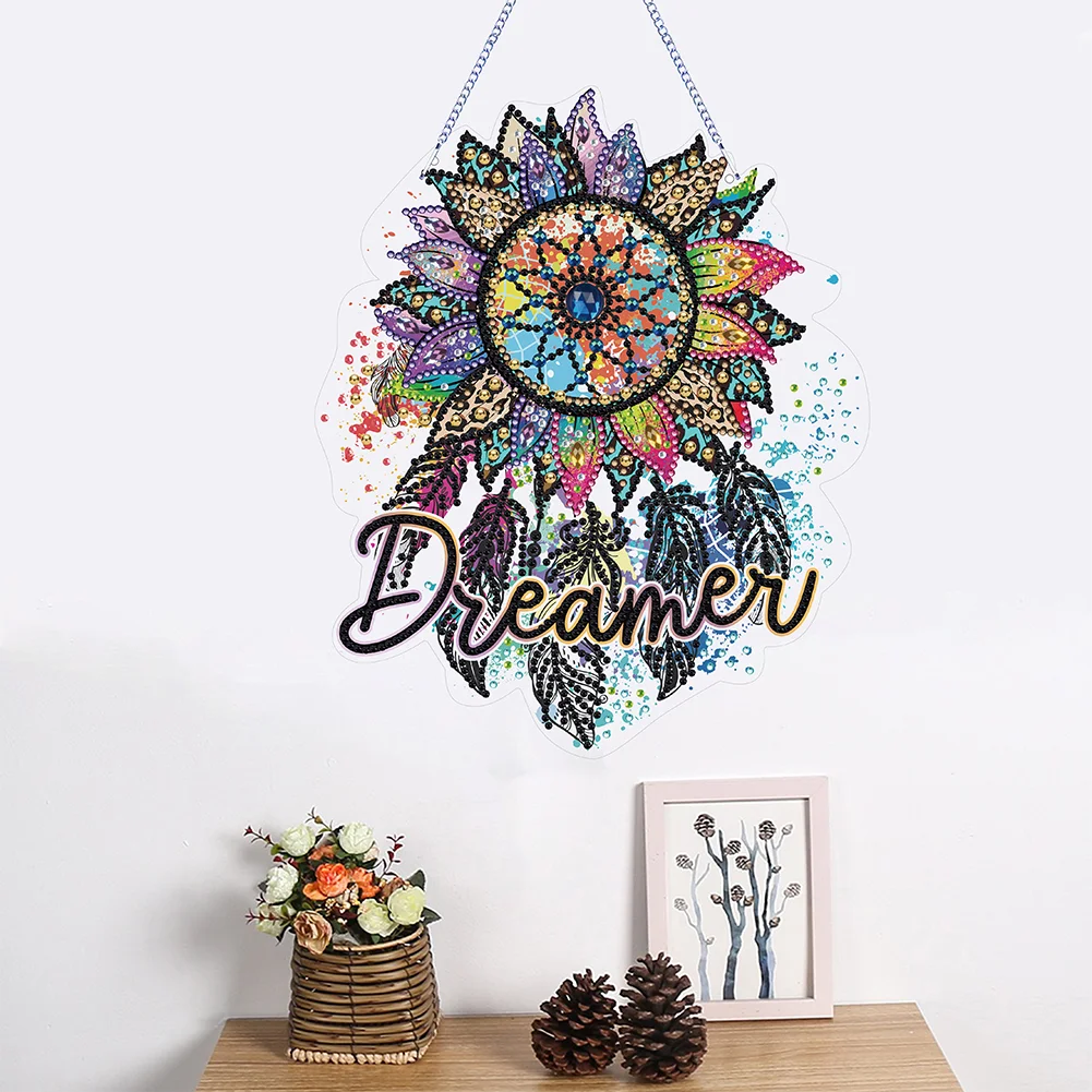 DIY Flower Dreamcatcher Acrylic Single-Sided Diamond Painting Hanging Pendant for Home Wall Decor 