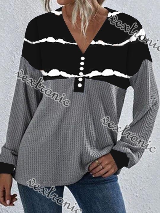 Women Gray Graphic Button Long Sleeve V-neck Top