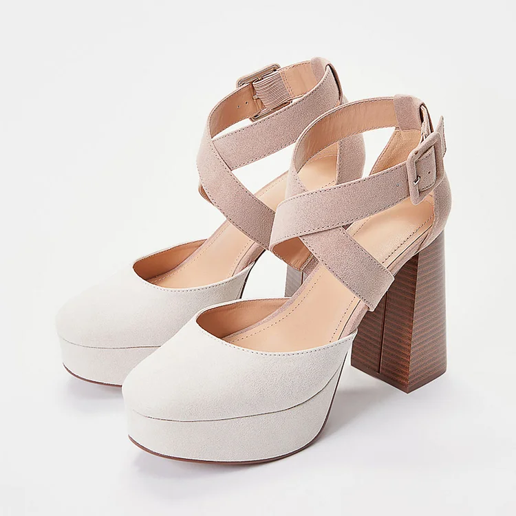 White Vegan Suede Chunky Heel Platform Pumps with Ankle Straps |FSJ Shoes