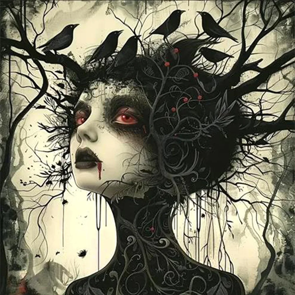 11CT Full Stamped Cross Stitch - Crow Girl(Canvas|40*40CM)