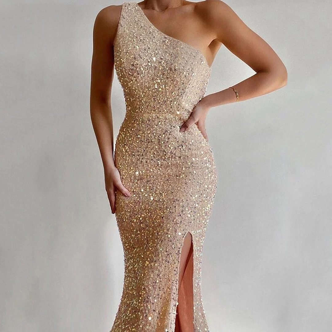 Elegant Party Sequin Long Dress Sleeveless Split Bodycon Bling One Shoulder Strap Dress Party New Year
