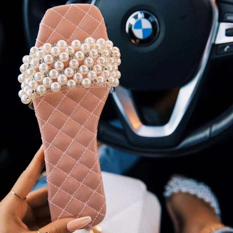 Summer Women Flip Flops Flat Pearly Sandals Slippers Soft Sole Shoes Woman Open Toes Slides Ladies Beaded Leisure Slippers Shoes