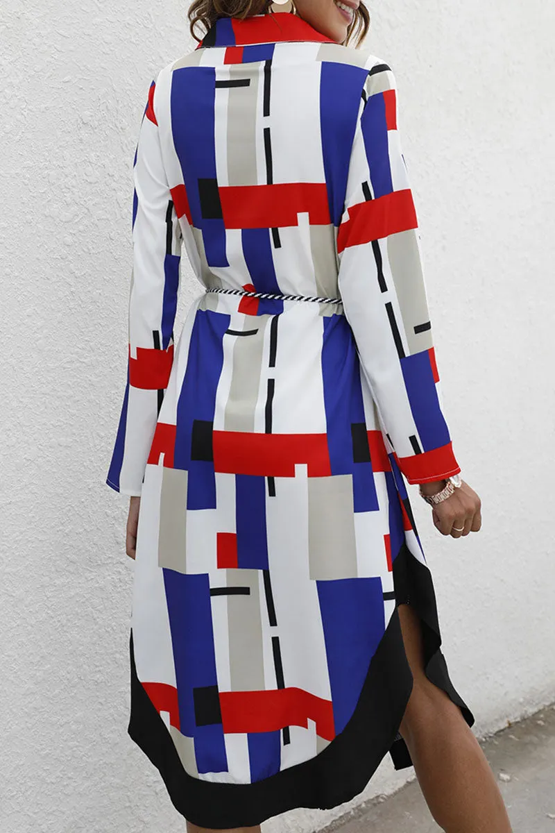 Fashion Street Print Split Joint Turndown Collar Irregular Dresses
