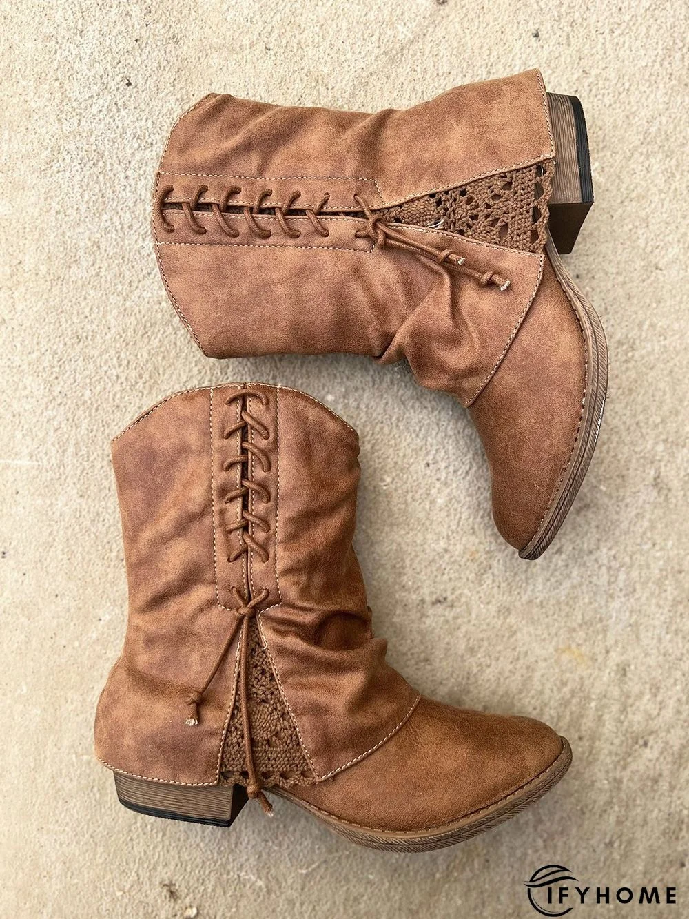 Women's Cross Lace Lace Panel Vintage Chunky Heel Chukkas Booties | IFYHOME