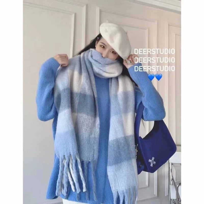 Rainbow Plaid Tassel Scarf For Women Autumn And Winter Famous Color Matching Cashmere Mohair Shawl Thickened Scarf