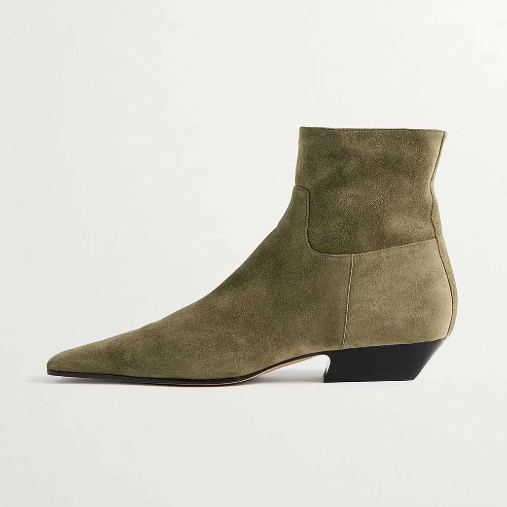 Faux Suede Sophisticated Square Toe Side-Zip Chunky Heeled Elegant Ankle Boots In Army Green Nicepairs