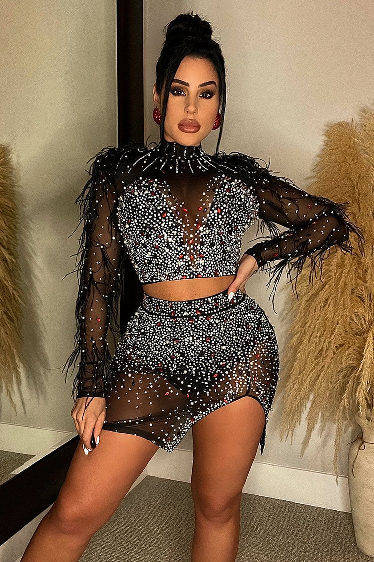 Rhinestone Feather See-Through Top Slit Mini Skirt Party Matching Set [Pre Order]