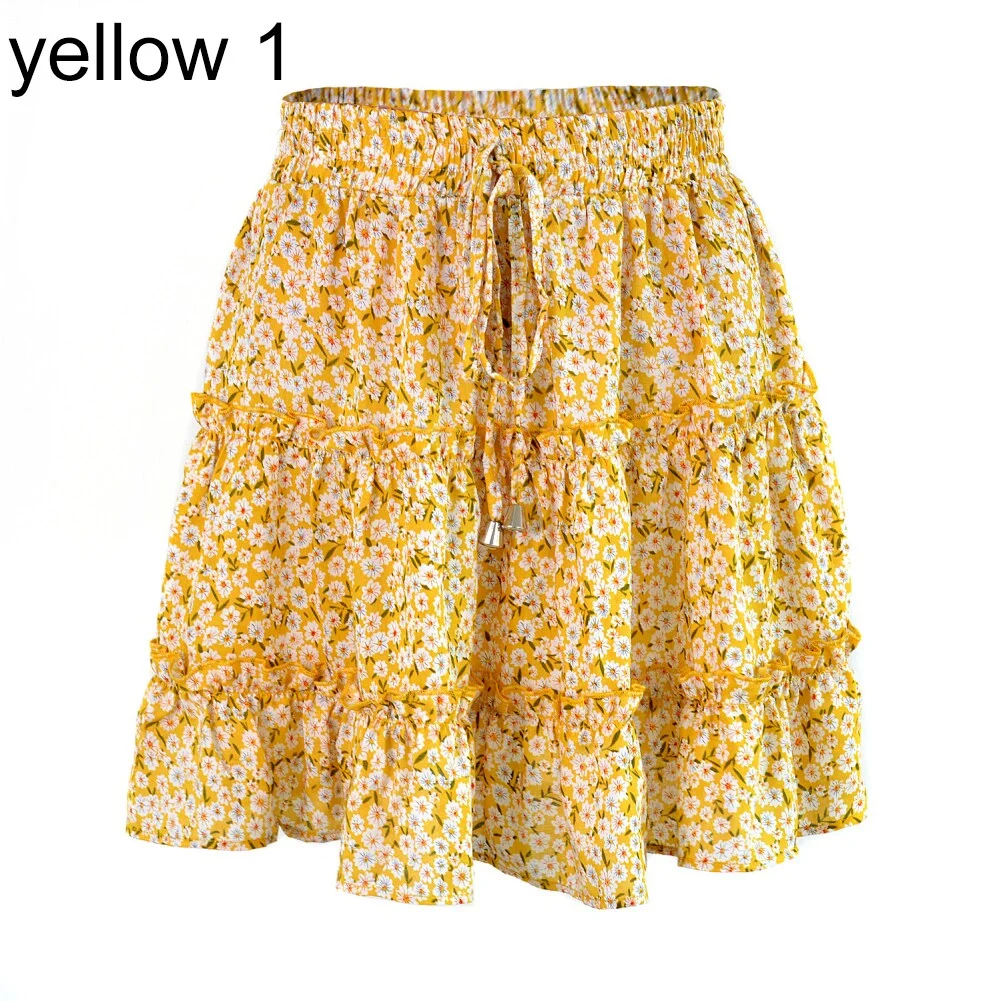 Summer Beach Women Bohemian Flower Print Ruffled High Waist A Line Mini Skirt new