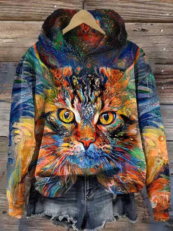 Fashion Art Cat Print Hoodie socialshop