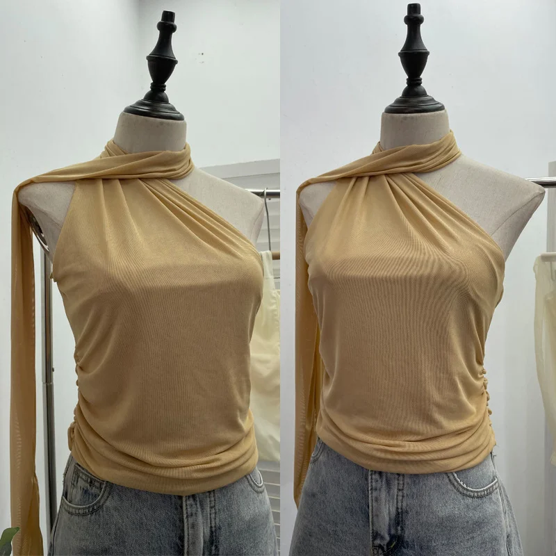 Churchf Real Shooting Mesh Ribbon Hanging Neck Folded Sleeveless Top Babes Two-Wearing Design Wrapping Bras 1125