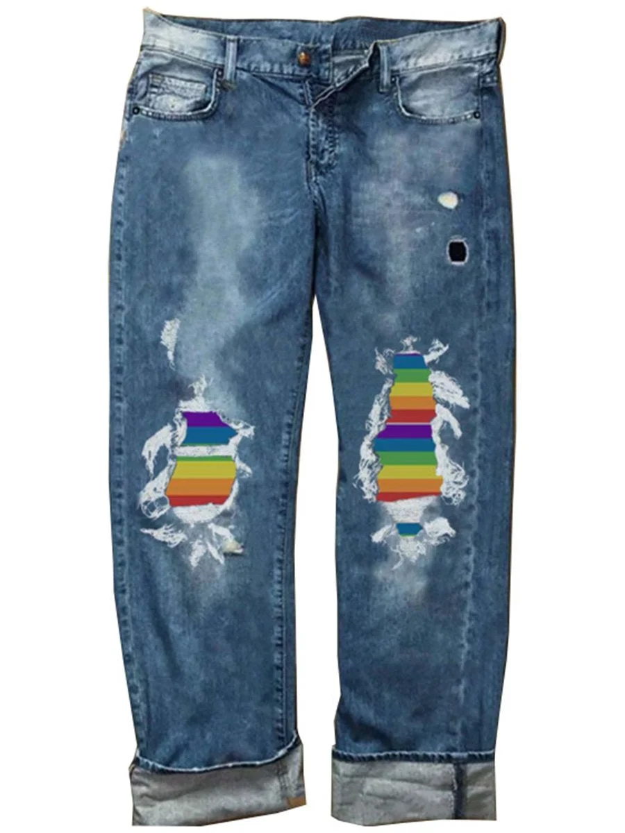 Colorful Striped Rainbow Worn Out Jeans