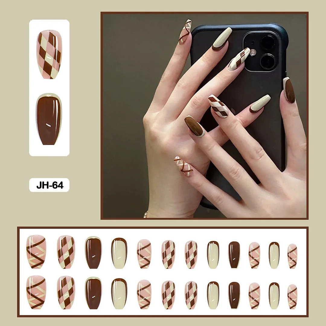 24pcs/box Classic Checkerboard Pattern Geometric Simplicity Nail Art Short False Nails With Glue Fake Nails With Wearing Tools-Nail Inspo