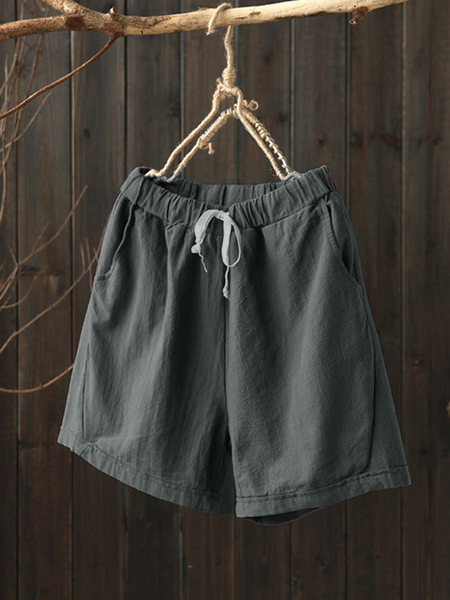 6 Colors Pockets Linen Casual Solid Drawcord Plus Size Shorts socialshop