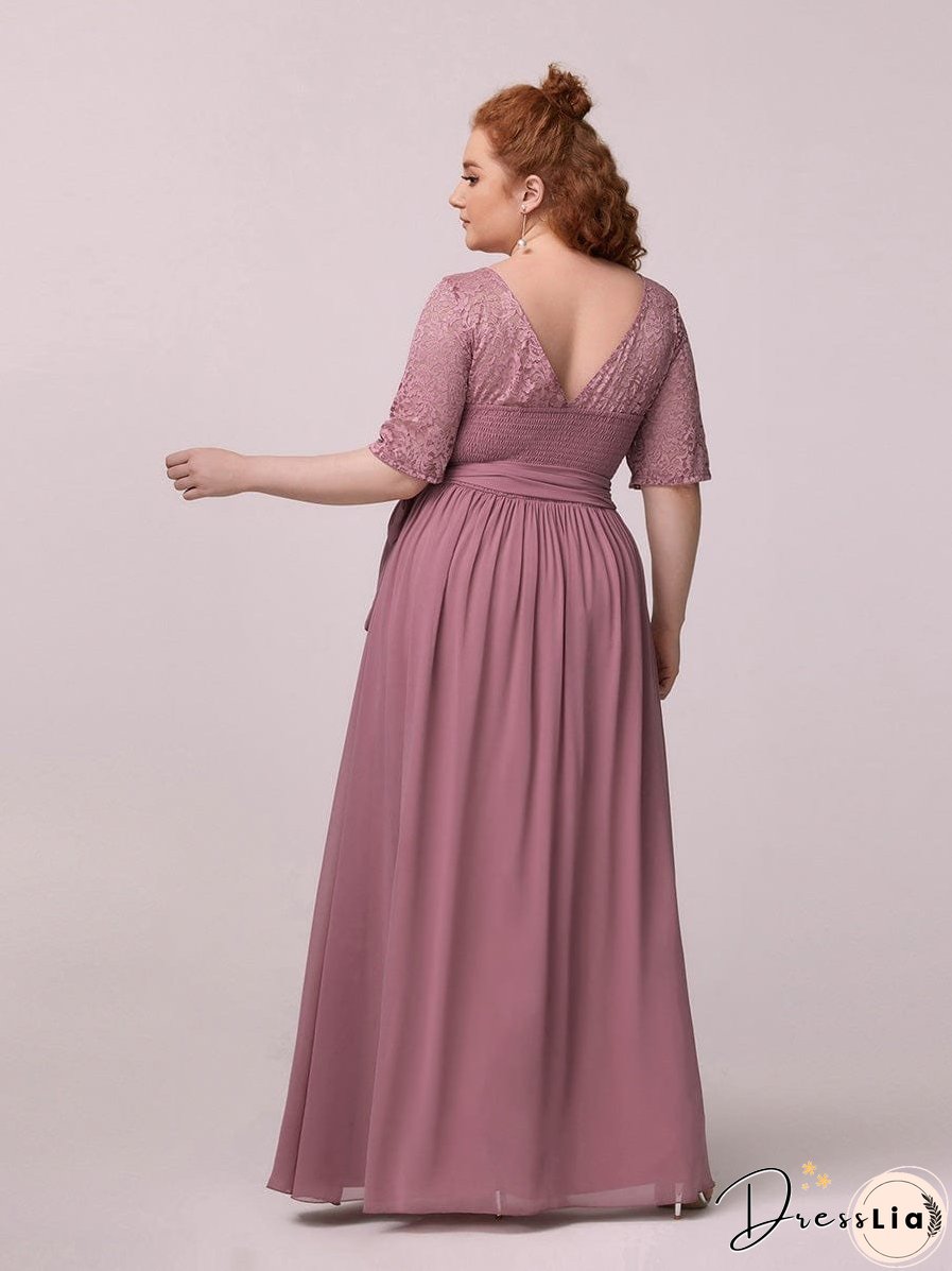 Sophisticated Lace Bodice Chiffon Maxi Evening Gown with Belt for Elegant Occasions