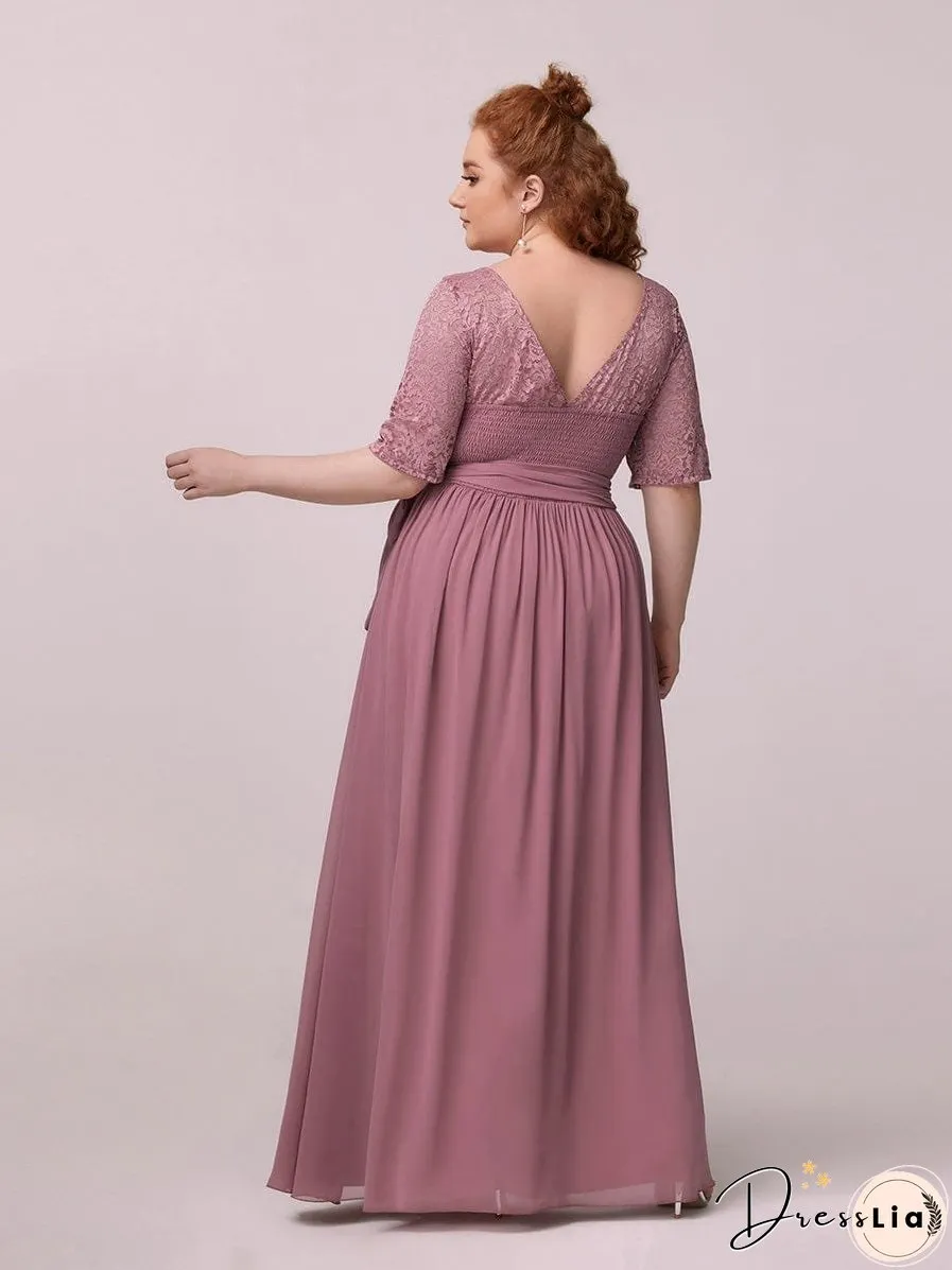 Sophisticated Lace Bodice Chiffon Maxi Evening Gown with Belt for Elegant Occasions