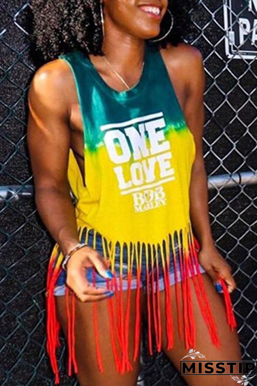 Multicolor Fashion Casual Letter Print Tassel O Neck Tops