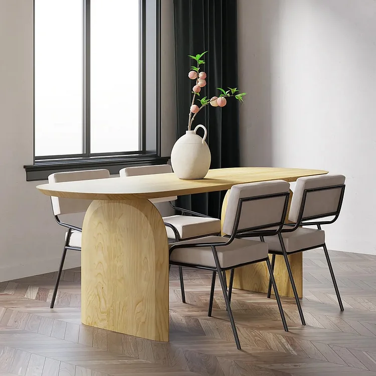 Homemys Japandi Dining Table Solid Wood Top & Pedestals