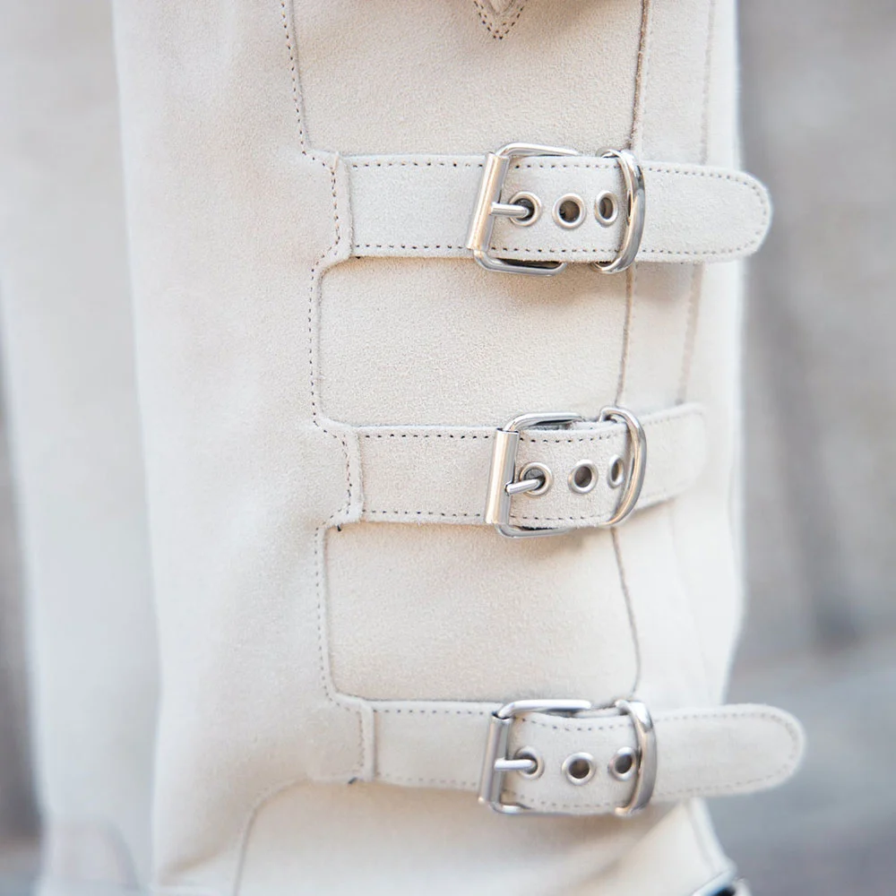 Buckle Strap Motorcycle Shoes Chunky Heel Mid-Calf Boots in White