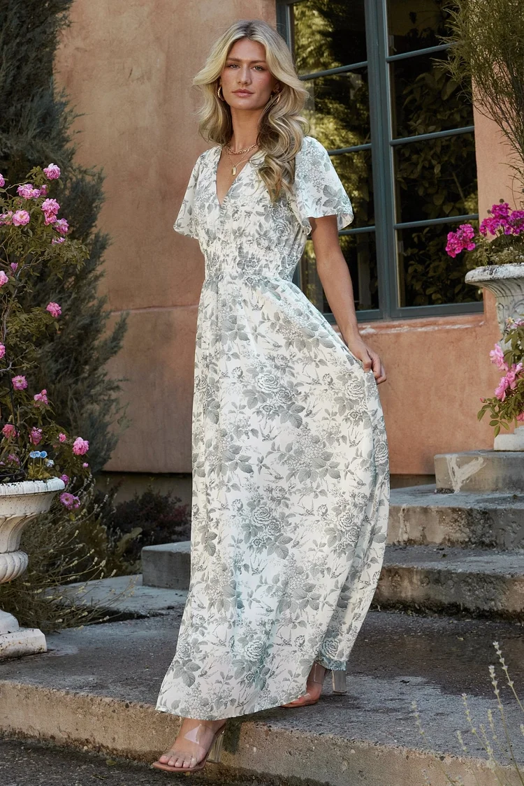 Floral Maxi Dress - White and Sage Floral