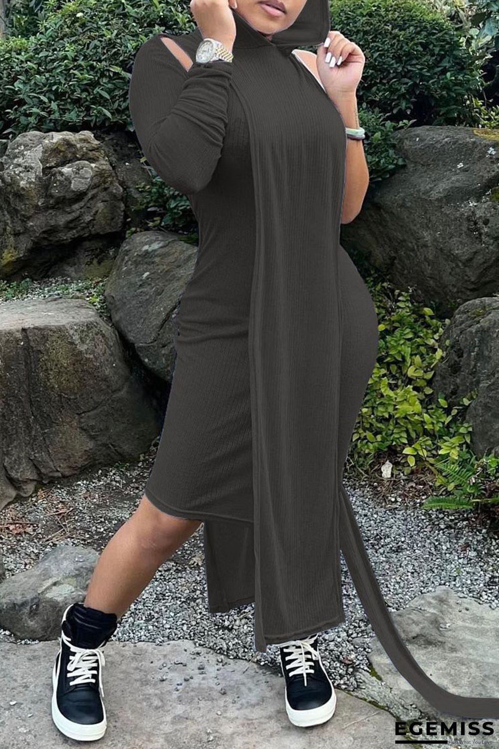 Black Casual Solid Patchwork Asymmetrical Hooded Collar Long Sleeve Two Pieces | EGEMISS