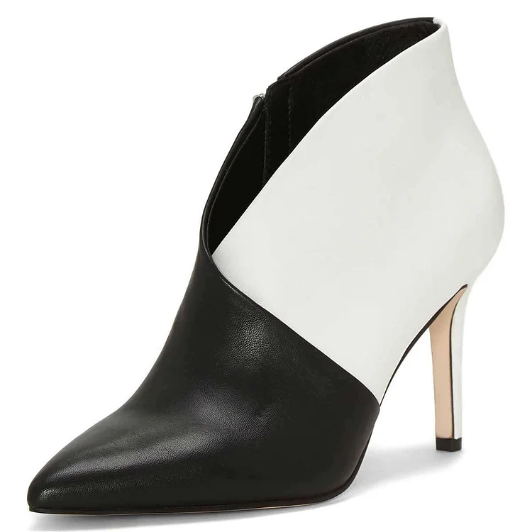 Black and White Pointy Toe Stiletto Heel Ankle Boots |FSJ Shoes