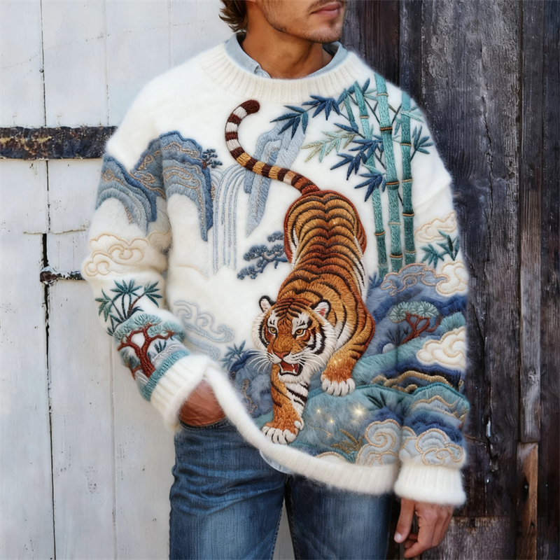 Men's Japanese Tiger Landscape Embroidered Cozy Knit Sweater  artssus