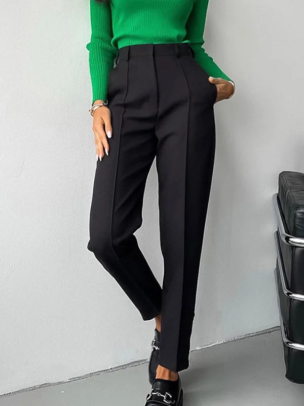 Split-Joint Solid Color Pleated High Waisted Trousers Suit Pants