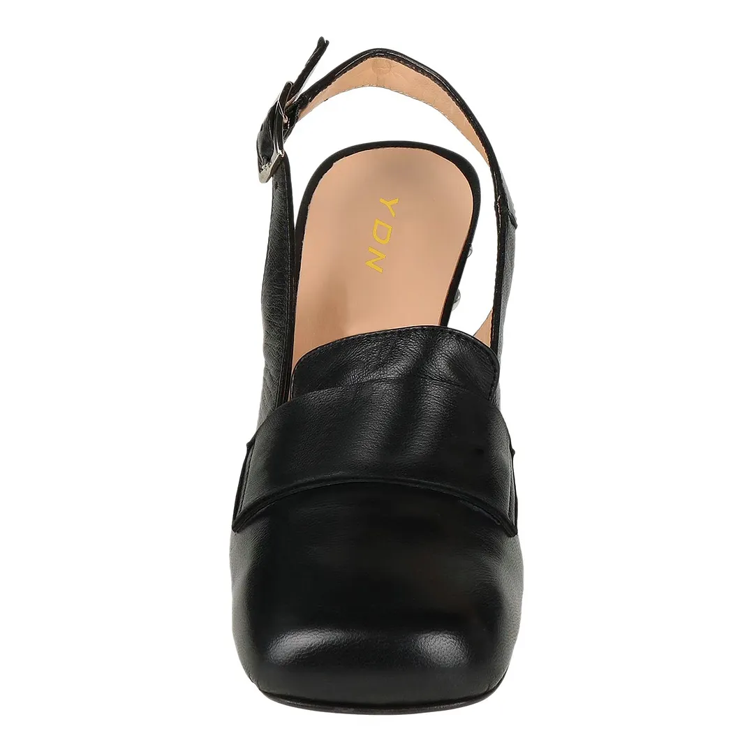 Elegant Square Toe Loafer Slingback Pumps Women's Black Heels