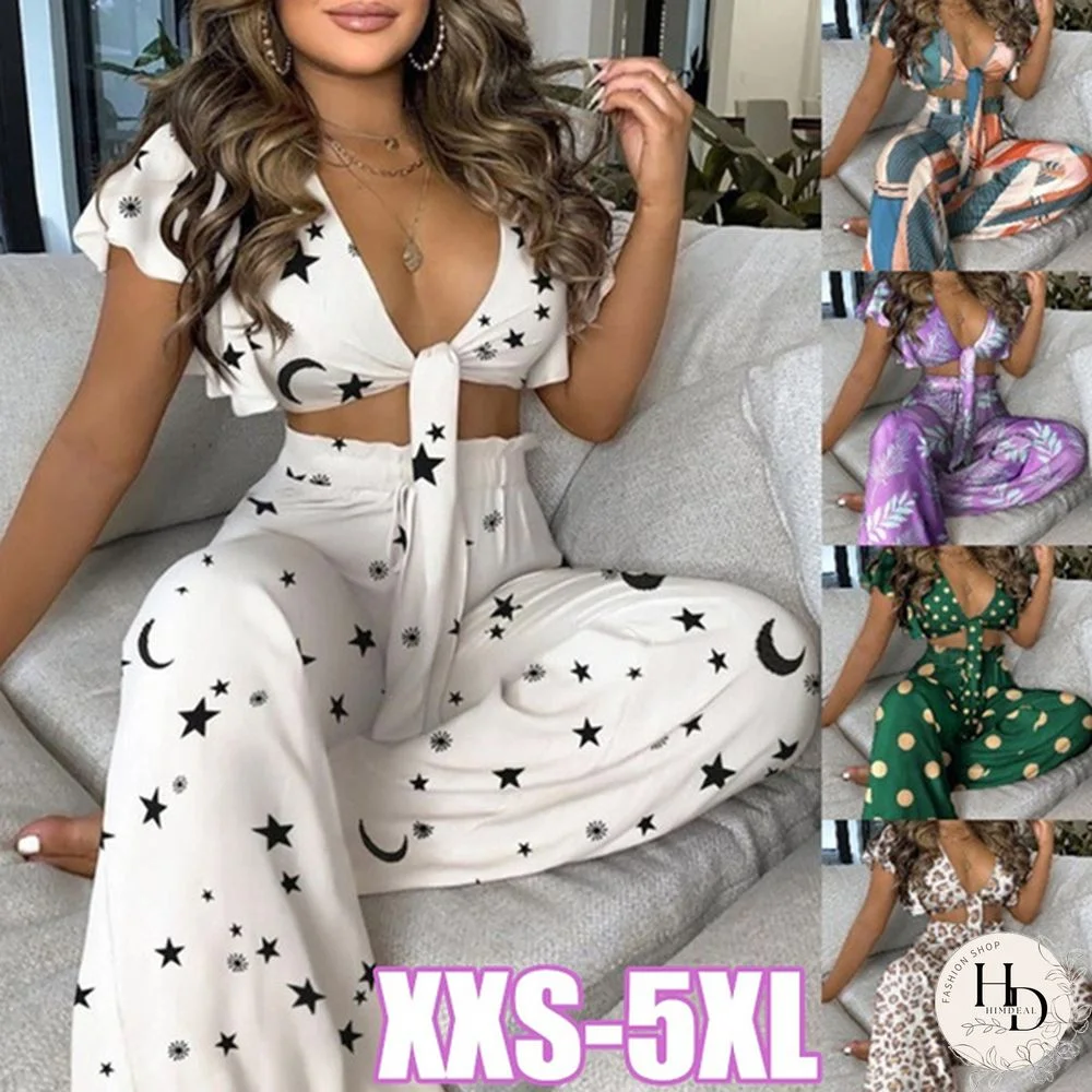 New Summer Women Fashion Casual 2 Piece Set Front Sleeveless Print Crop Top & High Waist Wide Leg Pants Suit Two Piece Set Outfit Plus Size