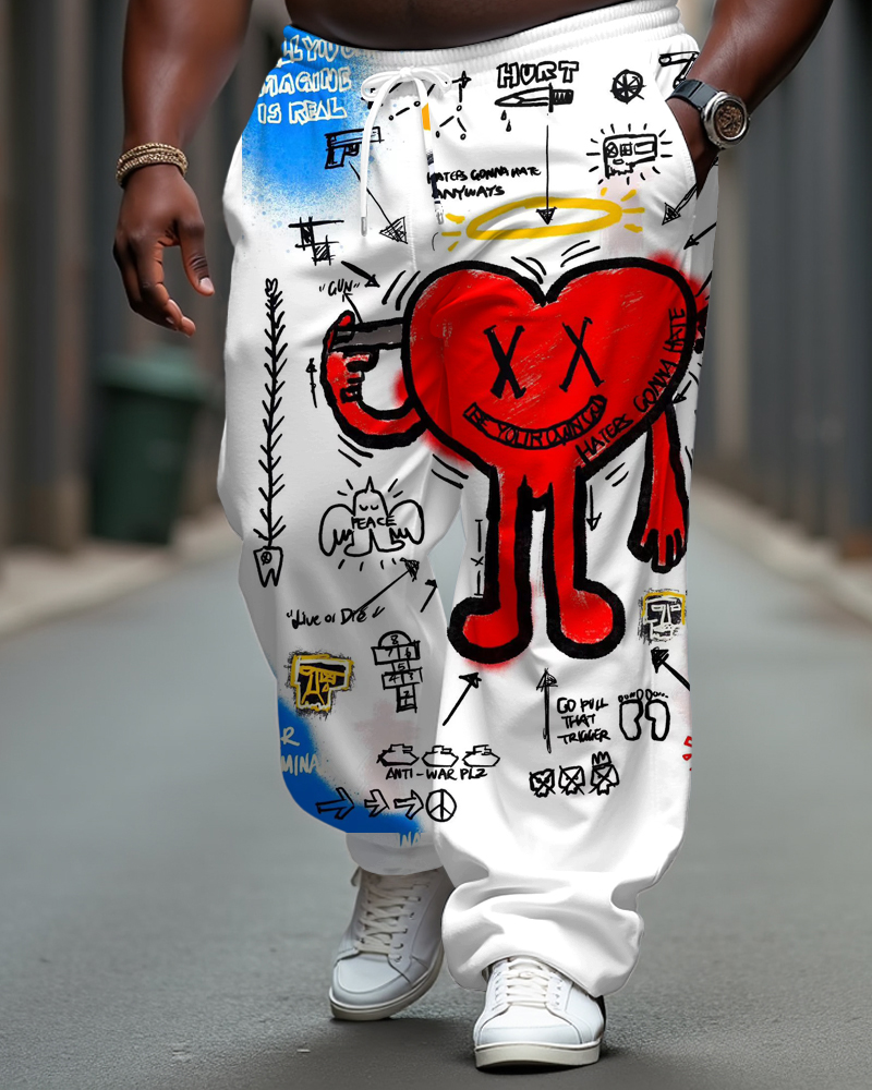 Men's Fun Heart Graffiti Print Casual Cotton Loose Elastic Waist Sports Jogging Pants
