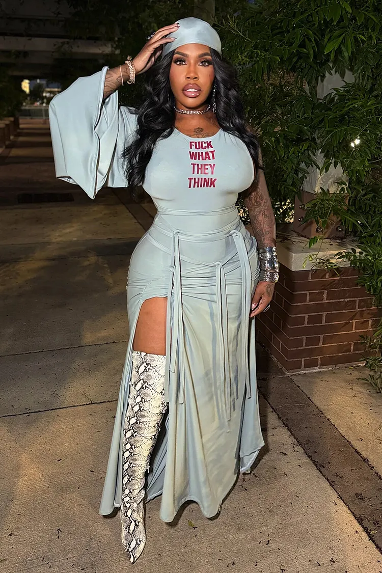 ladies letters printed dresses Letter Print Asymmetrical Sleeve Slit Casual Maxi Dresses-Gray [Pre Order] occasion_event_dresses