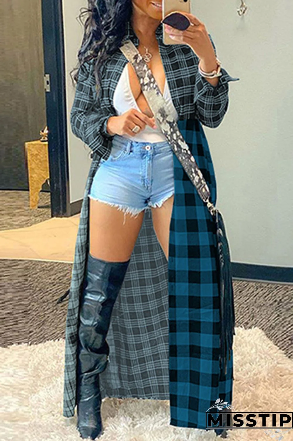 Black Gray Casual Plaid Print Cardigan Turndown Collar Outerwear