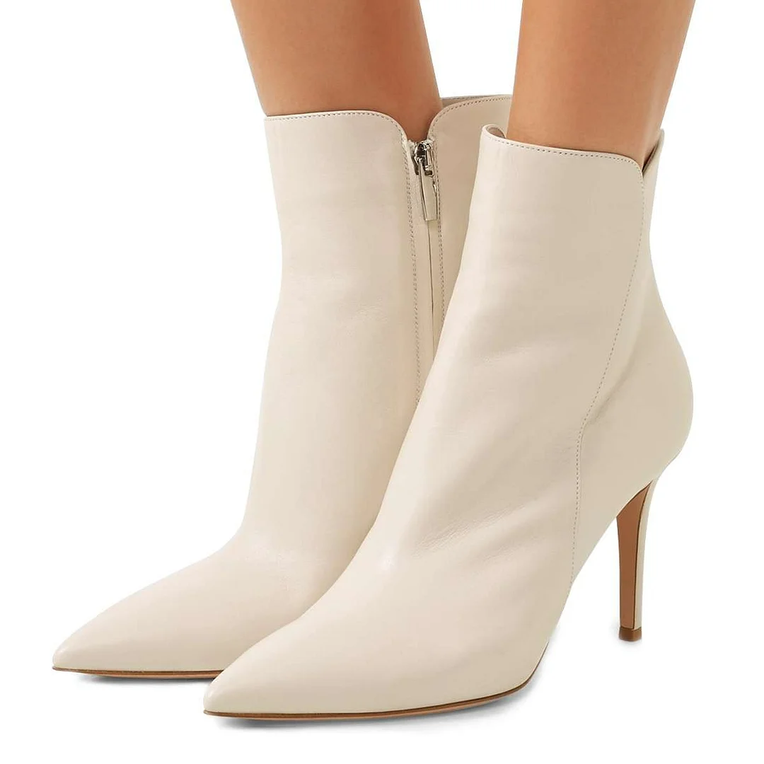Ivory Vegan Leather Pointed Toe Stiletto High Heel Ankle Boots