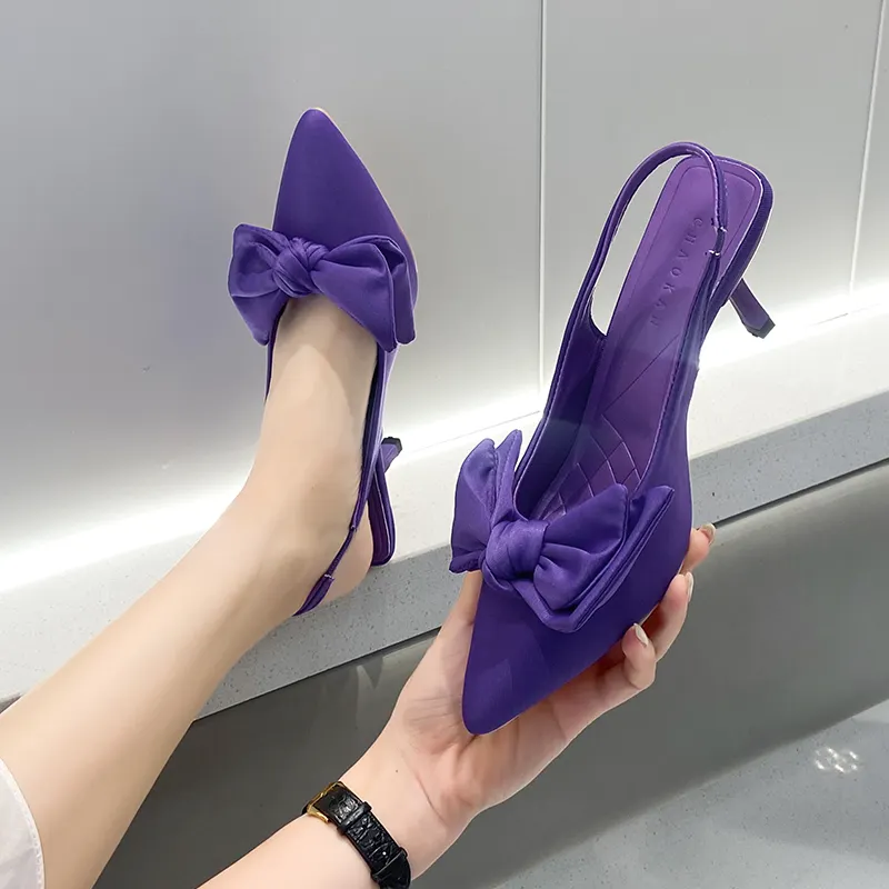 Womens Shoes Summer Purple Lace-up Stiletto Heel Pointed High Rhinestone Buckle