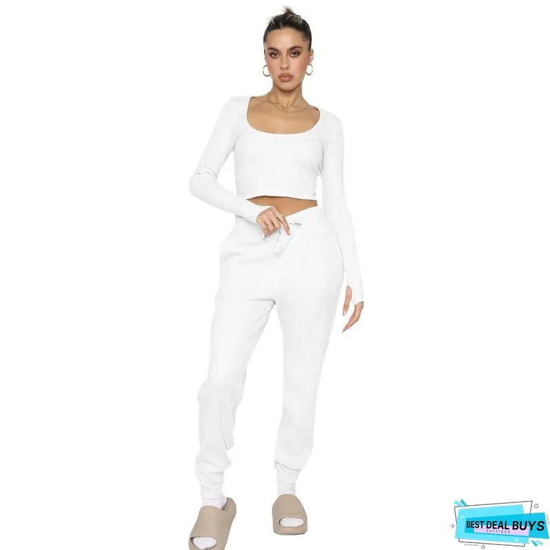 Waffle Solid Necks Long Sleeve Pants Sets Women Cropped Tops High Waist Trouser Pieces