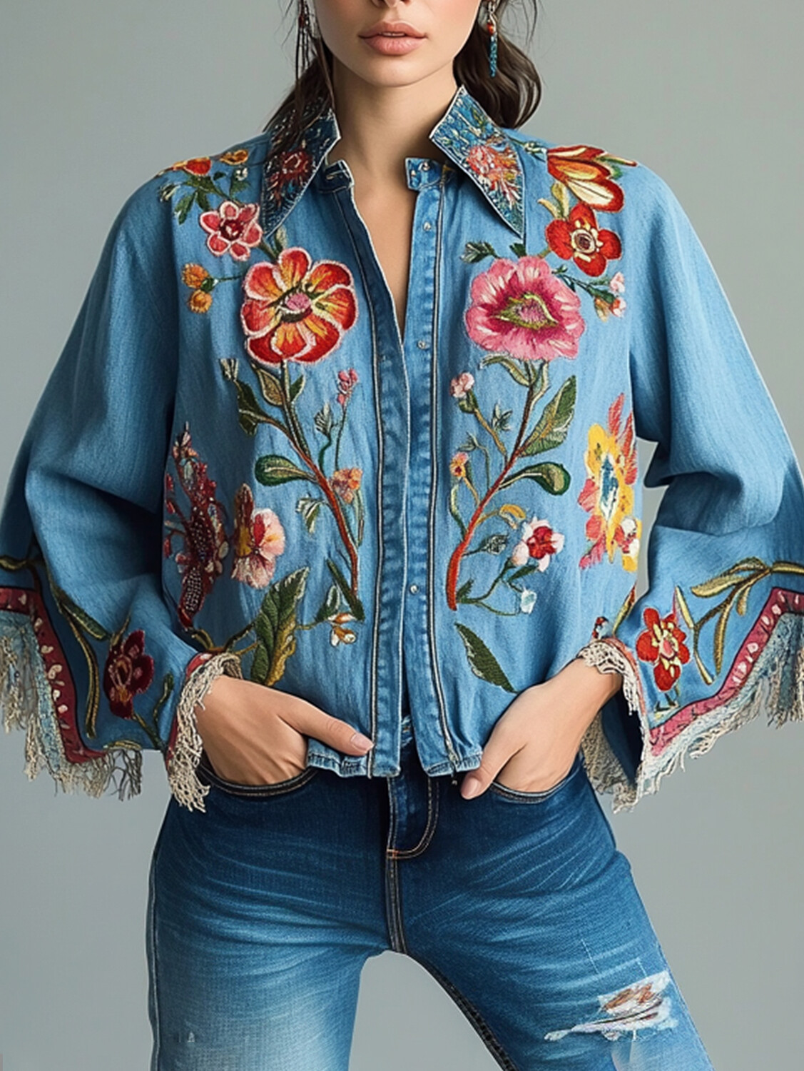 Ursime Denim Floral Plant Print Lace Long Sleeve Blouse