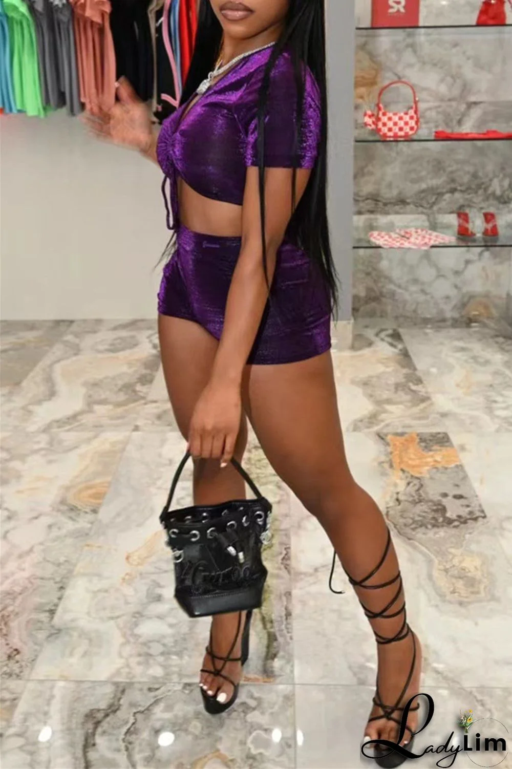 Purple Fashion Casual Solid Draw String Frenulum V Neck Short Sleeve Two Pieces