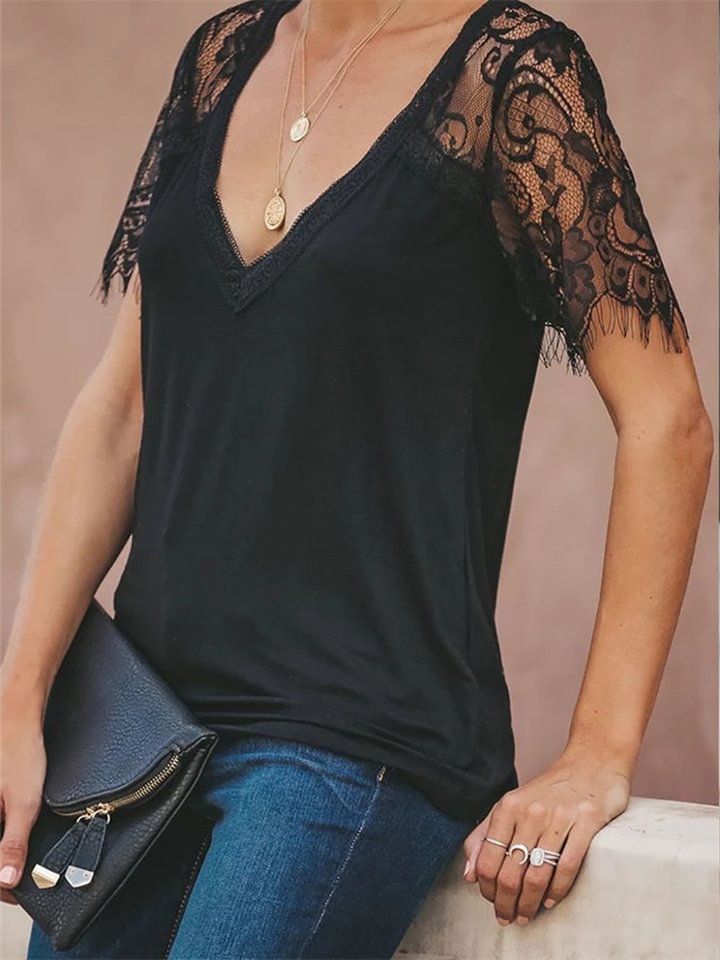 Short-sleeved V-neck Feather Lace Lace Sleeve Women's Tops -vasmok