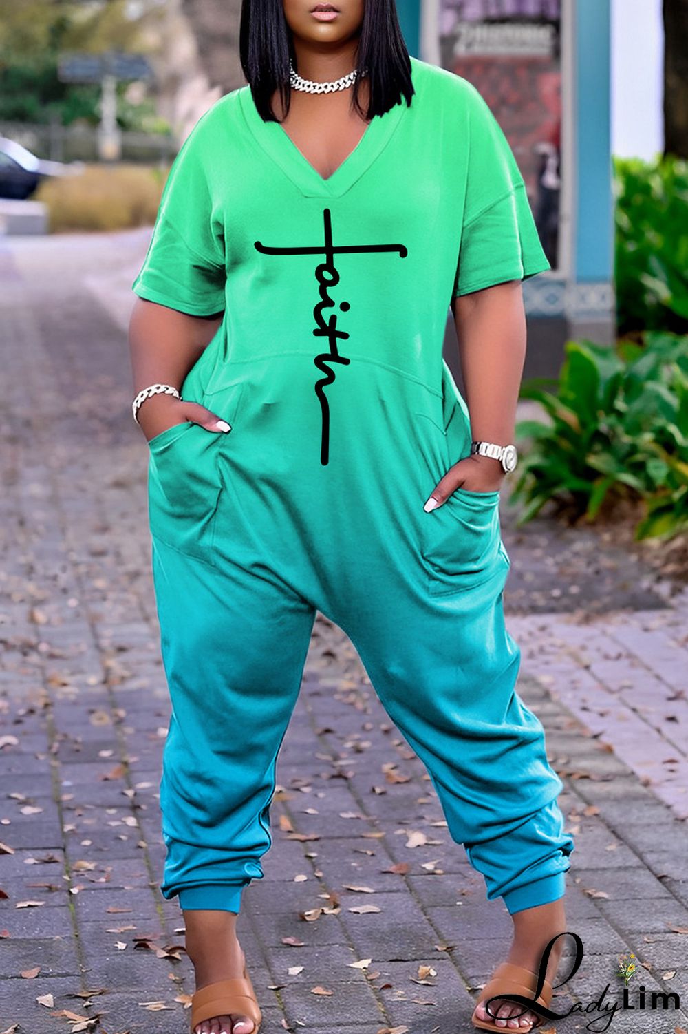 Pink Casual Print Patchwork V Neck Regular Jumpsuits