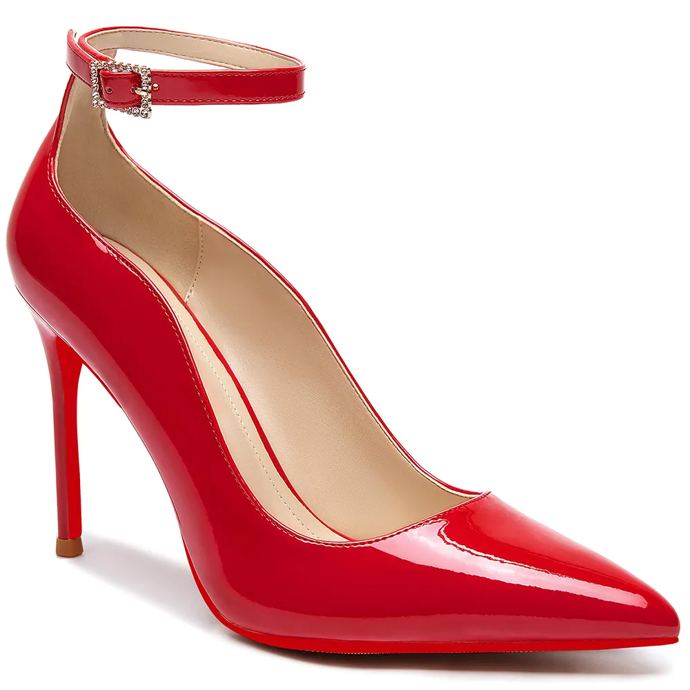 100mm Women's Wedding Party Heels Classic Color Red Bottom Patent Ankle Strap Pumps -vocosishoes