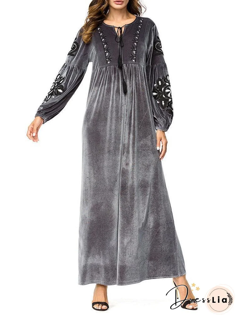 Velvet Embroidery Patchwork Maxi Velvet Dress