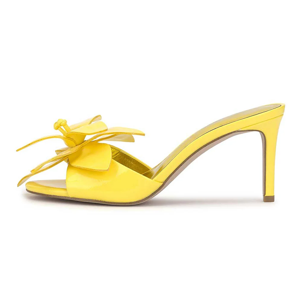 Yellow Flower Decor Open Round Toe Stiletto Heel Slides for Women