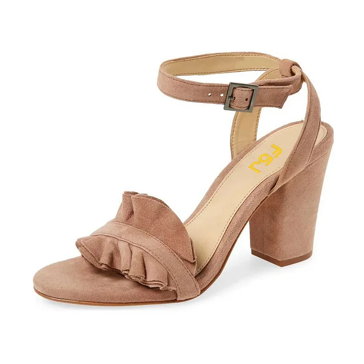 Nude Ruffle 3 Inches Chunky Heel Ankle Strap Sandals for Women |FSJ Shoes