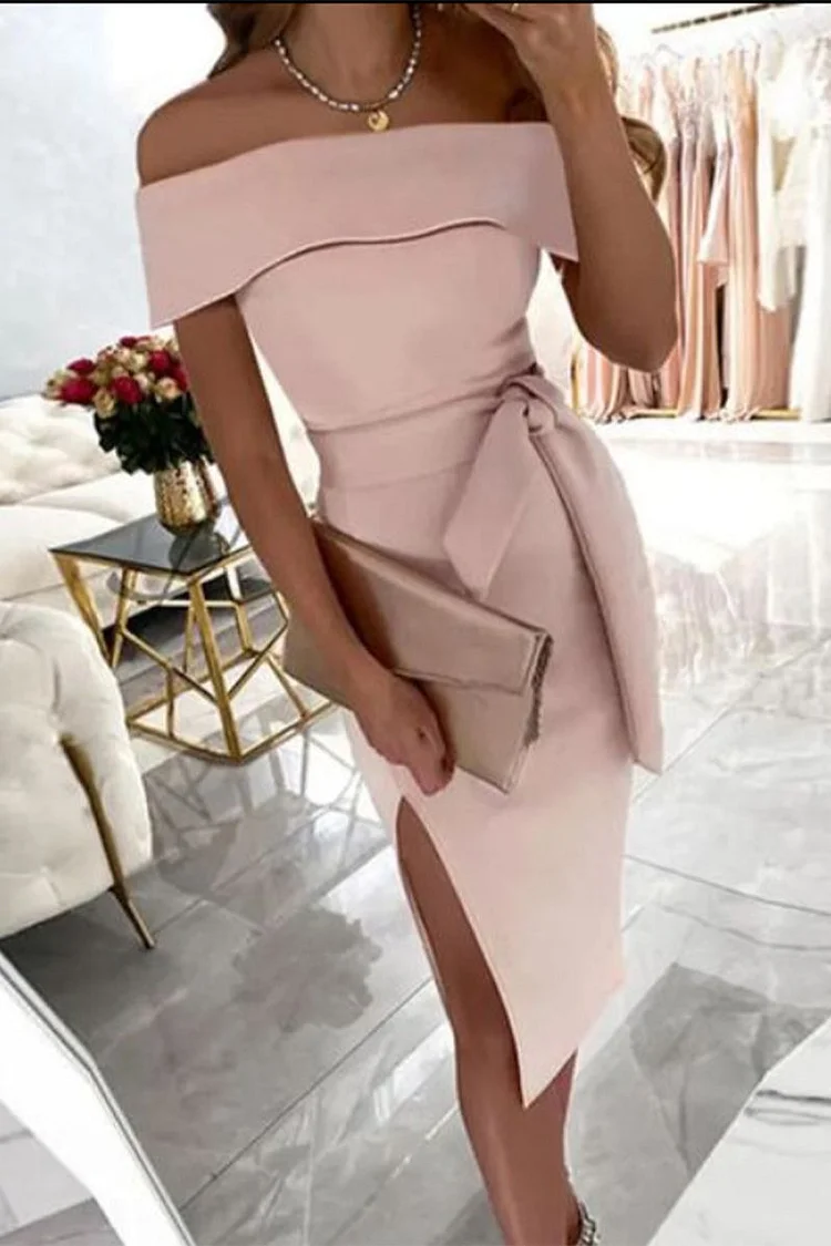 Fashion Solid Patchwork Off the Shoulder One Step Skirt Dresses(5 colors)-mysite