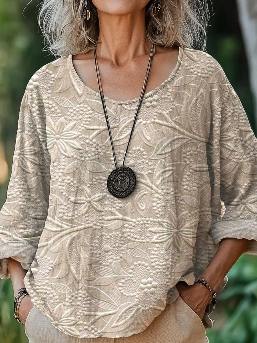 Women's Lace Texture  Art  Print Casual Cotton And Linen Shirt