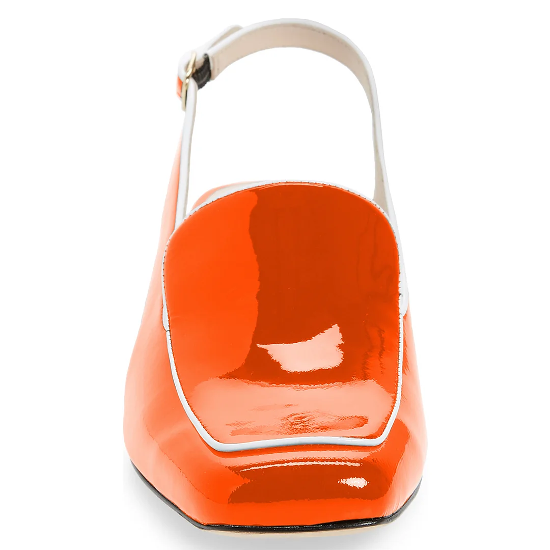 Women's Shiny Orange Patent Leather Slingback Loafers with Block Heels